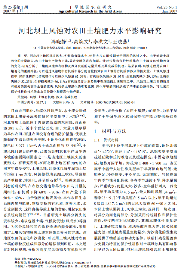 河北坝上风蚀对农田土壤肥力水平影响研究