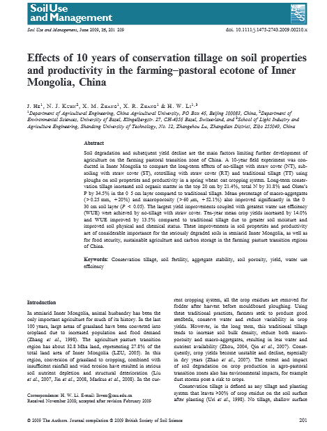 Effects of 10 years of conservation tillage on soil properties and productivity in the farming-pastoral ecotone of Inner Mongolia,China