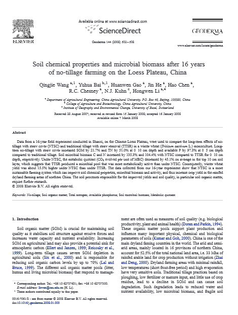 Soil chemical properties and microbial biomass after 16 years of no-tillage farming on the Loess Plateau, China