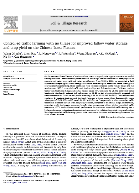 Controlled traffic farming with no tillage for improved fallow water storage and crop yield on the Chinese Loess Plateau(EI-136)