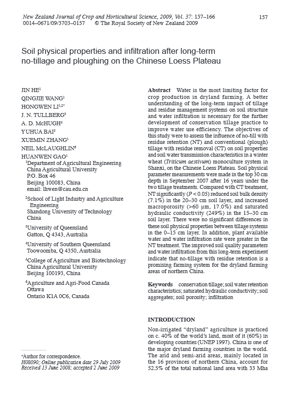 Soil physical properties and infiltration after long-term no-tillage and ploughing on the Chinese Loess Plateau