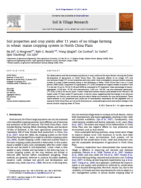 Soil properties and crop yields after 11 years of no tillage farming in wheat-maize cropping system in North China Plain