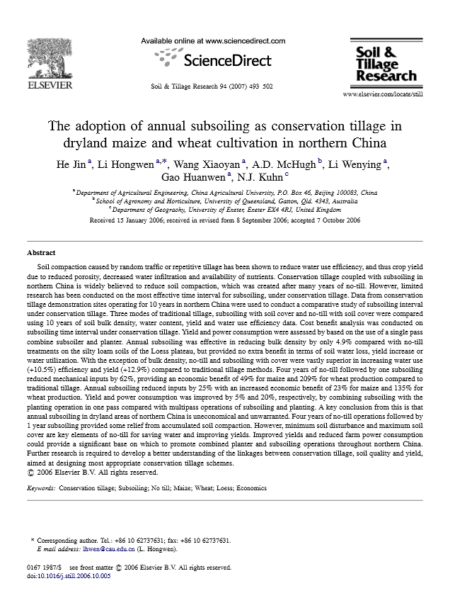 The adoption of annual subsoiling as conservation tillage in dryland maize and wheat cultivation in northern China