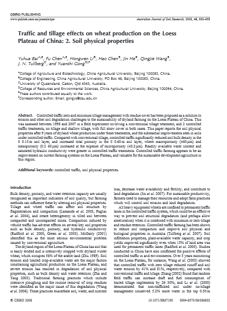 Traffic and tillage effects on wheat production on the Loess Plateau of China;2.Soil physical properties