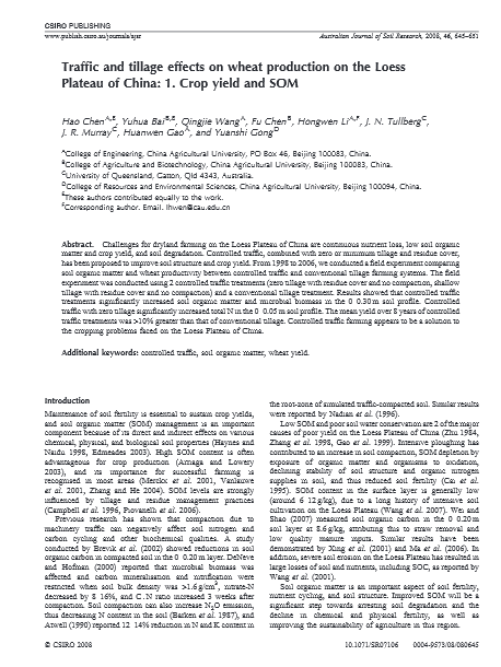 Traffic and tillege effects on wheat production on the Loess Plateau of China;1.Crop yield and SOM