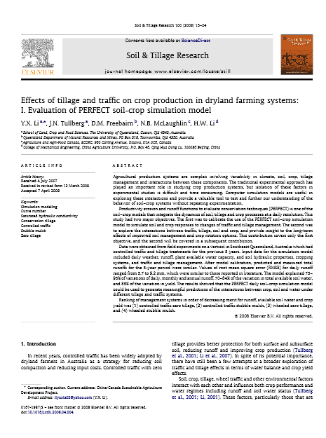 Effect of tillage and traffic on crop production in dryland farming system;I.Evaluation of PERFECT soil-crop simulation model