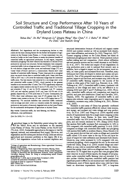 Soil Structure and Crop Performance After 10 Years of Controlled Traffic and Traditional Tillage Cropping in the Dryland Loess Plateau in China