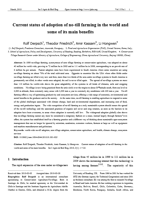 Current status of adoption of no-till farming in the world and some of its main benefits