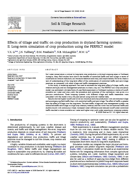 Effects of tillage and traffic on crop production in dryland farming systems;Ⅱ.Long-term simulation of crop production using the PERFECT model